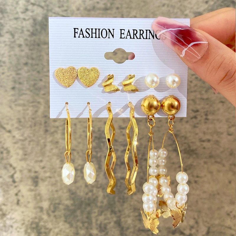 Boucles d'oreilles créoles dorées grand cercle pour femmes, ensemble bohème vintage, perle, cœur, zircon, clous, bijoux cadeau