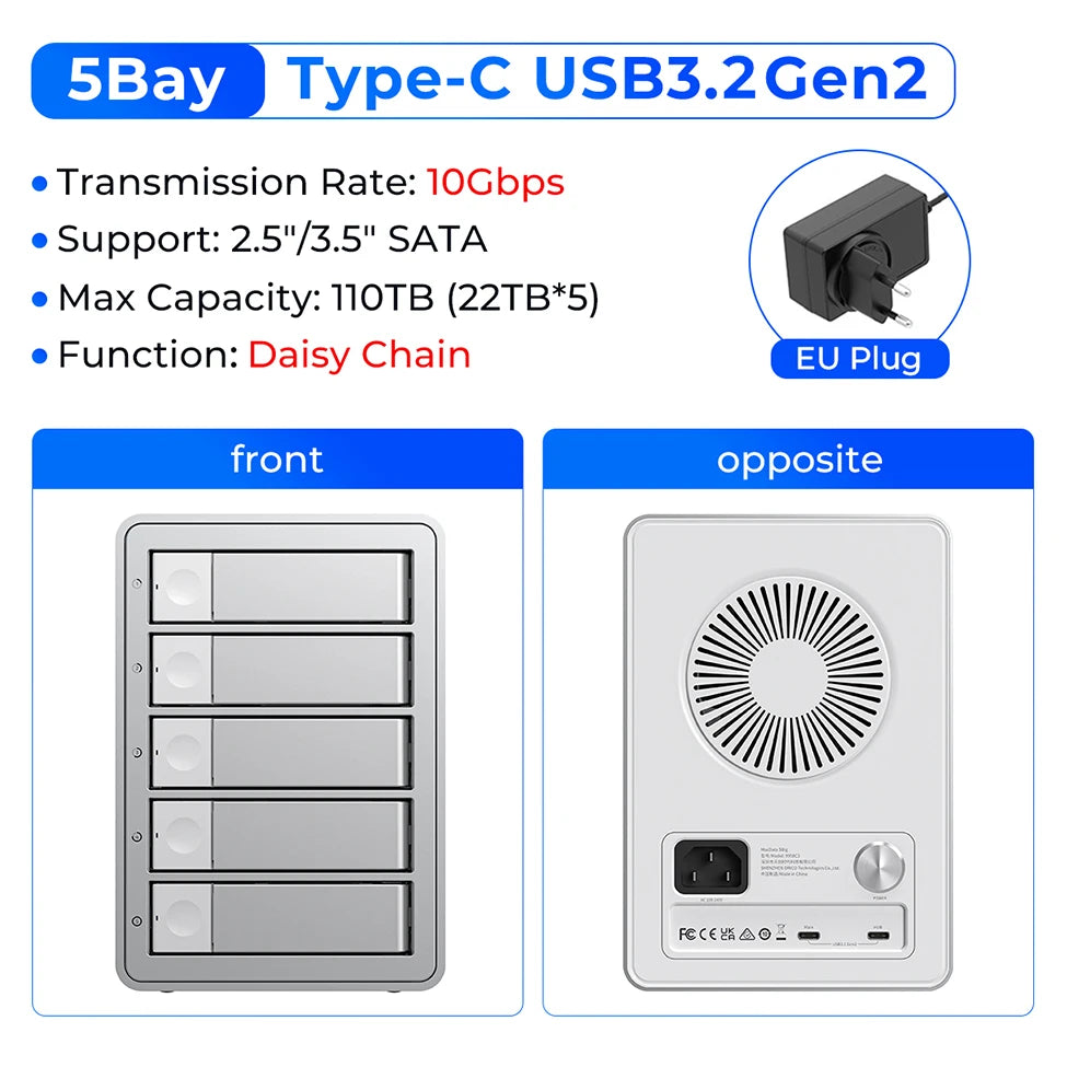 ORICO 4/5 Bay HDD Docking Station – USB 3.2 Type-C 10Gbps SATA Hard Drive Enclosure for 2.5" & 3.5" SSD HDD