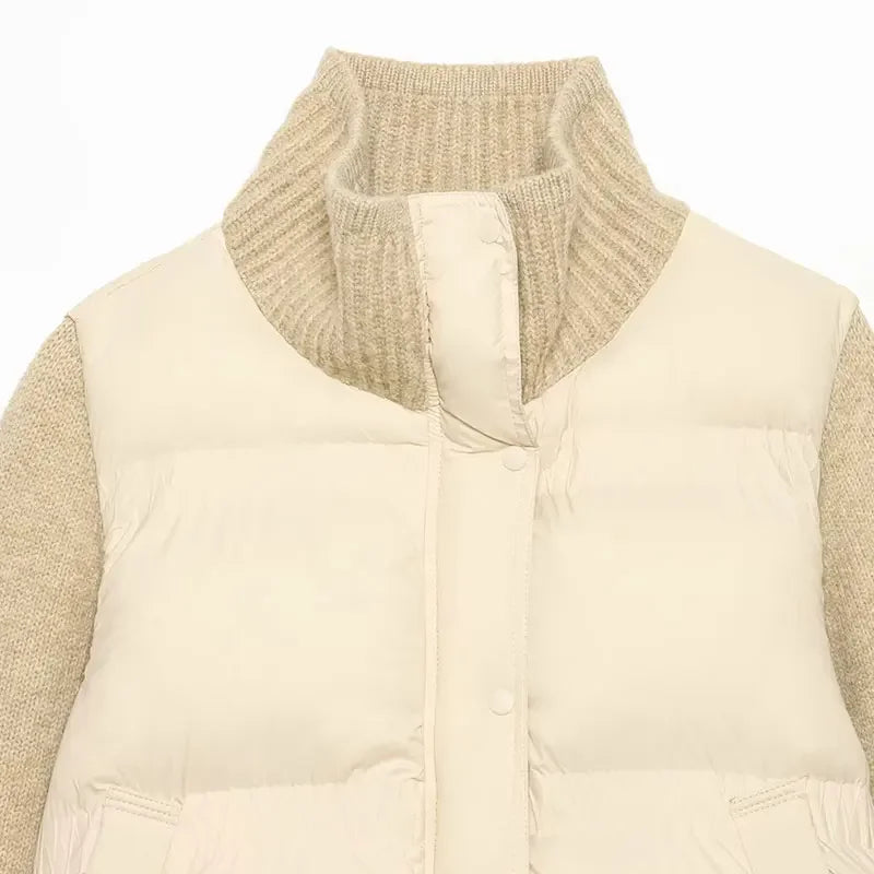 Women’s Sweater-Spliced Padded Coat – Long-Sleeve Zip-Up Jacket with Pockets, Chic Casual Outerwear for Spring & Autumn