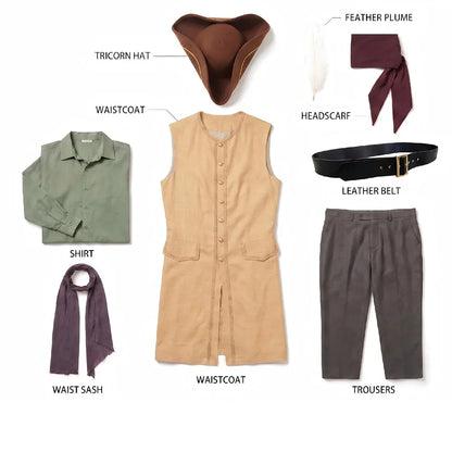 Captain Clark Pirate Cosplay Costume Set – Waistcoat, Shirt, Hat, Waist Sash & Belt Outfit for Halloween, Masquerade & Roleplay Parties