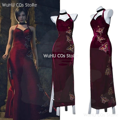 Resident Evil 4 Ada Wong Cosplay Costume | Red Cheongsam Embroidery Dress with Wig | Halloween Carnival & Anime Roleplay Suit for Women