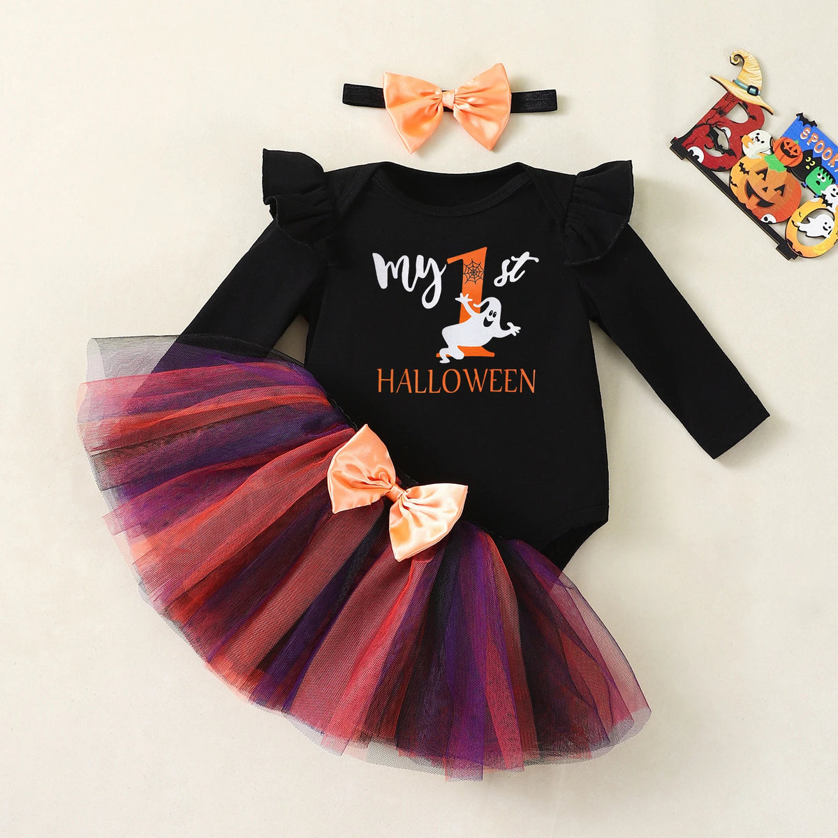 My First Halloween Baby Girl Costume – Long-Sleeve Ghost Bodysuit with Tutu Skirt, Bow Headband, 0–3M Infant Outfit