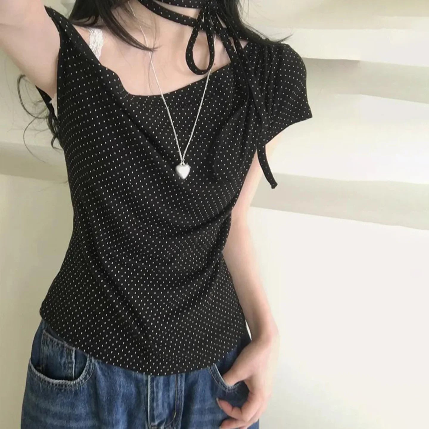 Women’s Sweet Polka Dot One Shoulder T-Shirt Korean Style Slim Fit Summer Casual Office Top