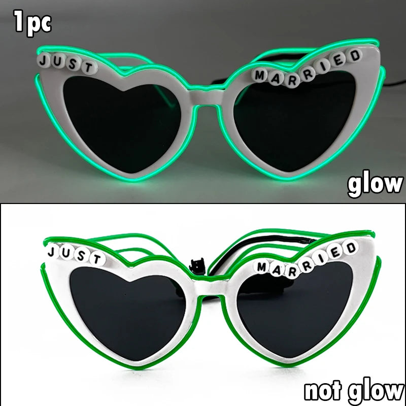 Just Married LED Heart Glasses – Light-Up EL Neon Glasses for Weddings, Engagements & Bridal Showers