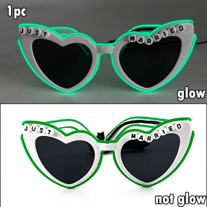 Just Married LED Heart Glasses – Light-Up EL Neon Glasses for Weddings, Engagements & Bridal Showers
