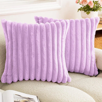 Faux Rabbit Fur Throw Pillow Cover - Ultra Soft Striped Decorative Cushion Cover for Sofa, Bed & Living Room (40x40 & 45x45 cm)