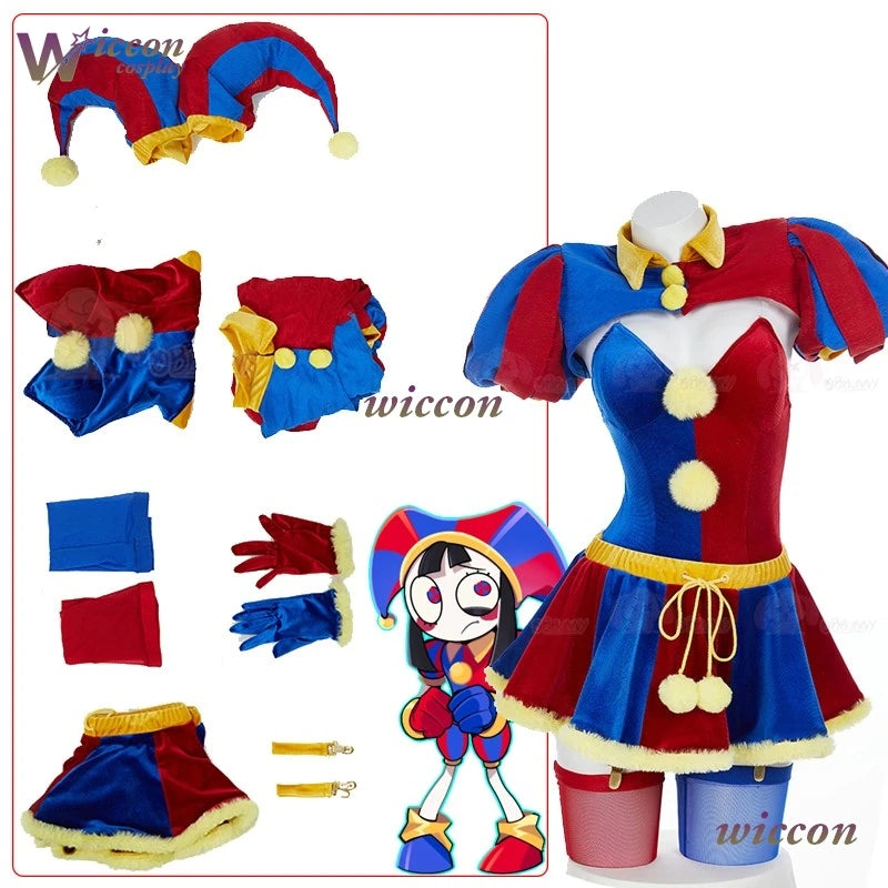 Clown Circus Cosplay Costume – Original Design Adult Set (Pomnii Wig, Hat, Velvet Skirt, Carnival/Christmas Outfit)