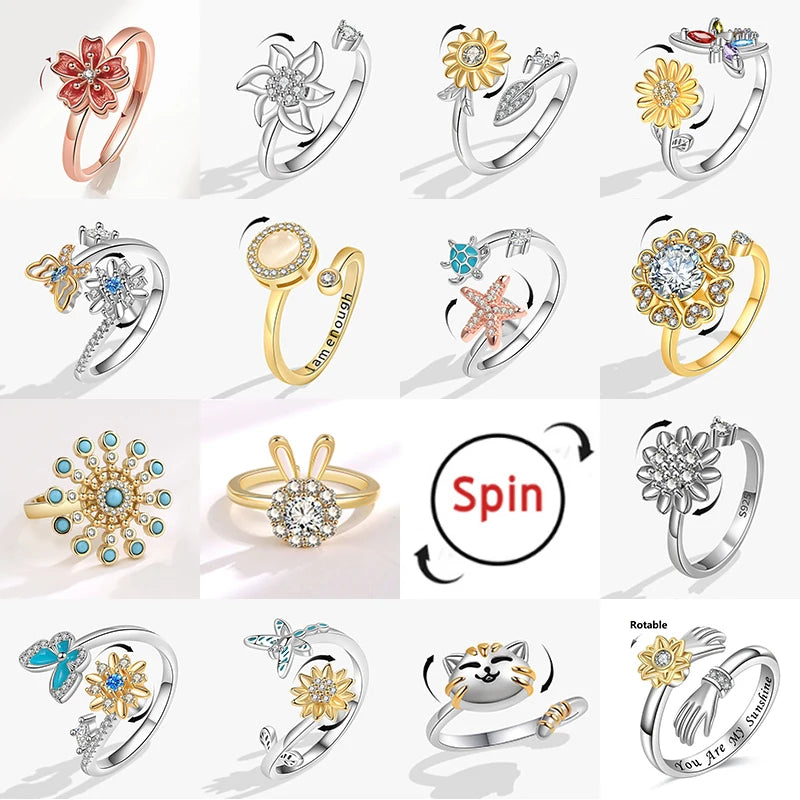 Cherry Blossom Rotating Fidget Spinner Ring – Cute Cat, Bee, Bunny & Butterfly Anti-Anxiety Ring for Women | Adjustable Stress Relief Jewelry
