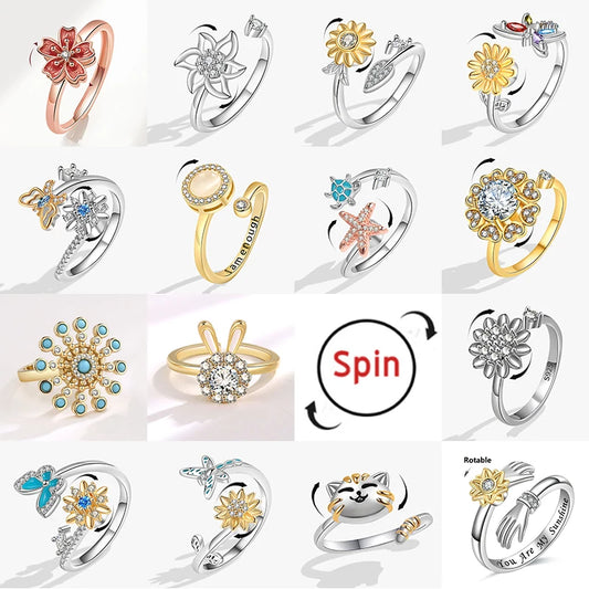 Anillo giratorio Cherry Blossom Fidget Spinner – Lindo anillo antiestrés de gato, abeja, conejo y mariposa para mujer | Joyería ajustable para aliviar el estrés