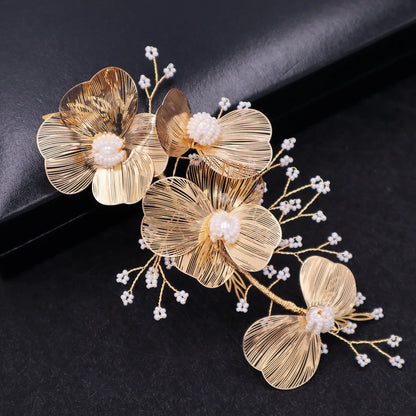 Vintage Gold Floral Bridal Headband with Pearls – Fairy Wedding Tiara for Brides, Prom & Special Occasions