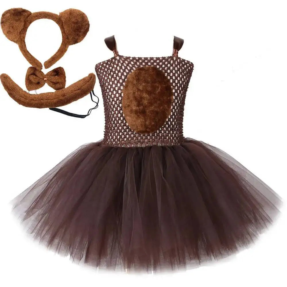 Baby Girls' Brown Bear Tutu Dress with Ears, Bow and Tail, Cute Animal Costume for Halloween, Christmas, Birthday Parties and Everyday Dress-Up Outfit for Kids