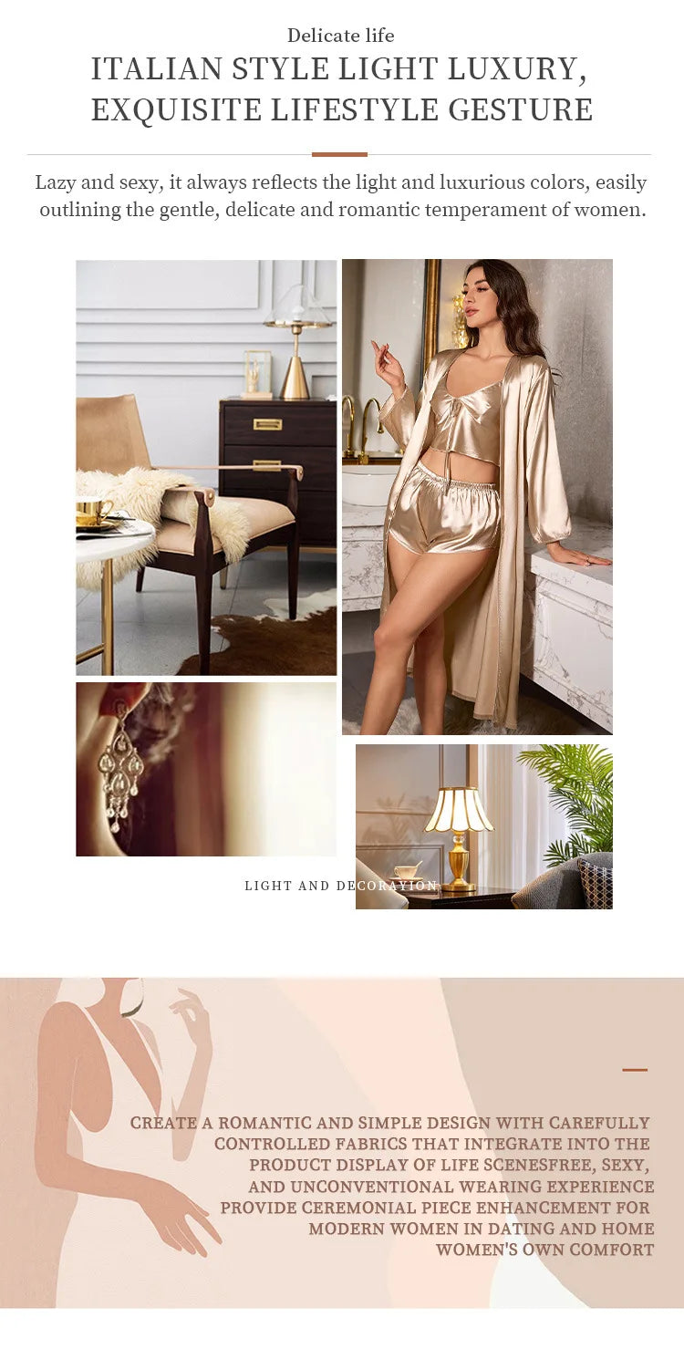 Women’s 3PCS Satin Pajama Set – Sexy Nightgown, Sling Dress & Robe Elegant Sleepwear Loungewear