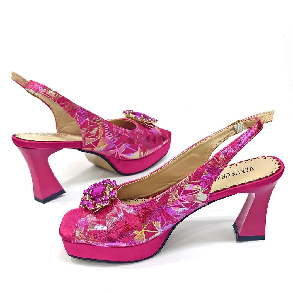 Elegant Women’s Fuchsia Peep Toe Heels & Matching Bag Set – Rhinestone Italian-Style Sandals for Parties, Weddings & Special Occasions