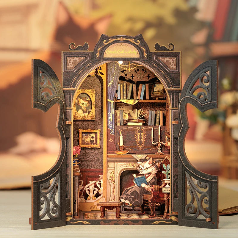 CUTEBEE Kit DIY de Rincón de Libro con Luces LED – Modelo de Estantería en Miniatura de Madera de Búho y Decoración