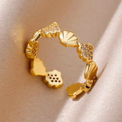 Gold Stainless Steel Starfish & Shell Ring – Adjustable Waterproof Beach-Inspired Ring for Women