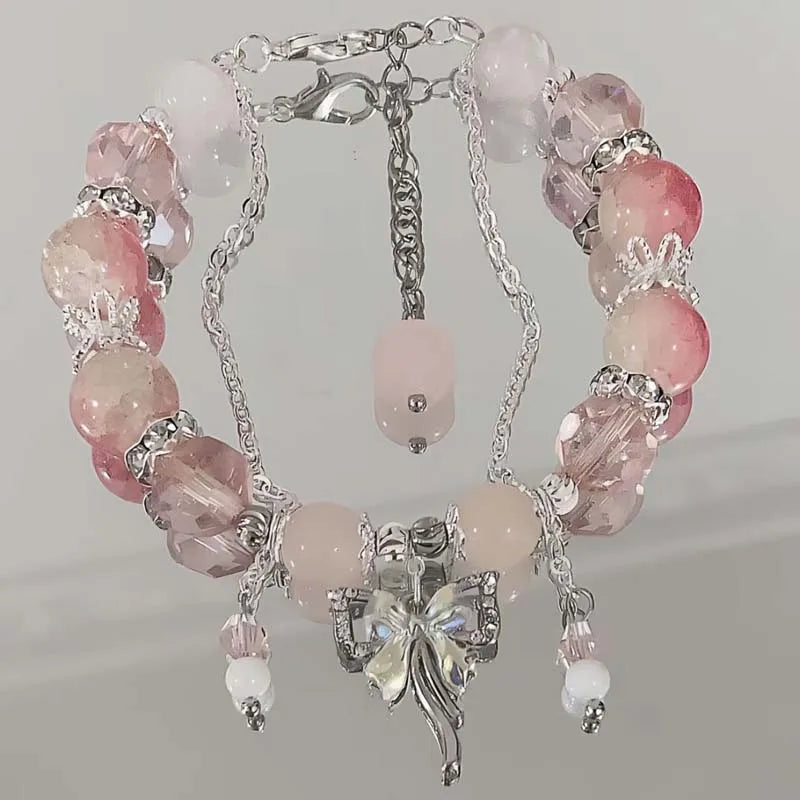 Brazalete coreano de mariposa con flor de cristal rosa – Pulsera dulce de cadena con cuentas y dije colgante para mujer, regalo de joyería de moda