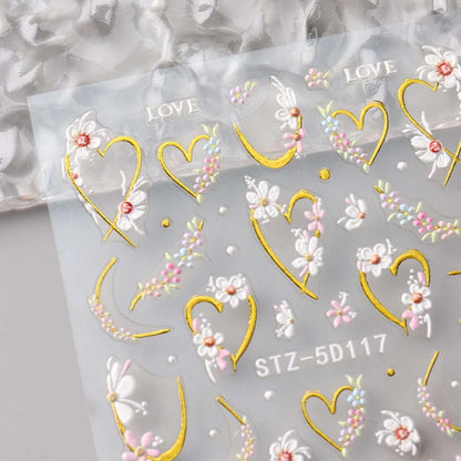 2pcs 5D Embossed Flower Nail Stickers – Golden Heart & Pink Petal Nail Art Decals for Valentine’s Manicure Decoration