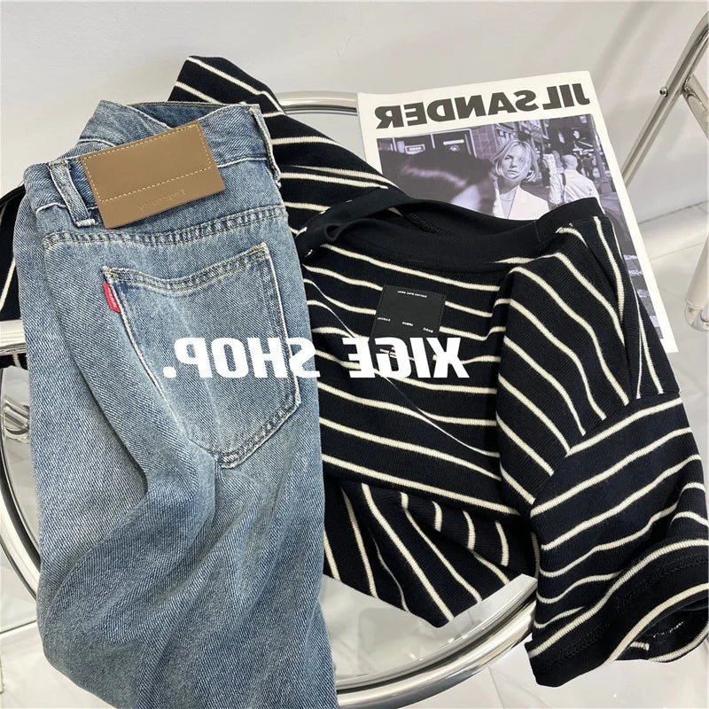 Women’s Korean Style Oversize Striped T-Shirt Loose Casual Short Sleeve Cotton Summer Commute Top