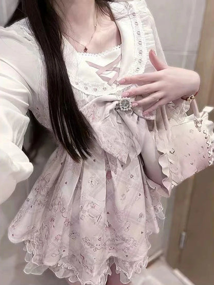 Vestido japonés Sweet Lolita Kawaii para mujer 2025, estampado de primavera, lazo, vestido falso de dos piezas, estilo coreano, ropa de fiesta