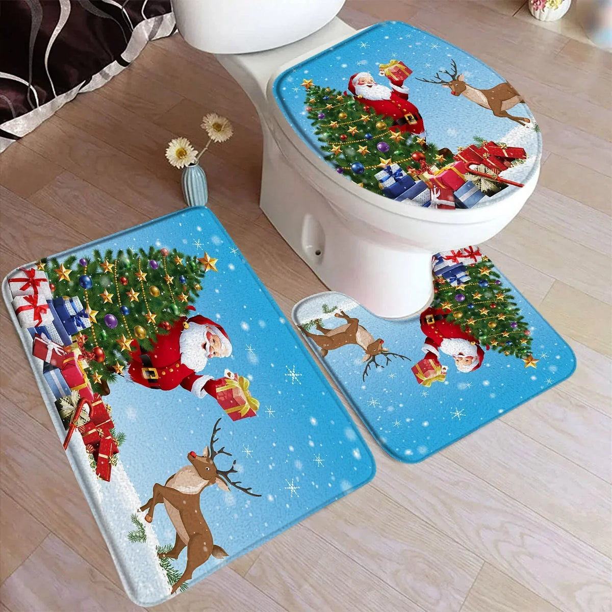 Funny Christmas Bath Mat Set – Cute Snowman, Santa Claus, Red Ball & Xmas Tree Bathroom Rugs with Toilet Lid Cover