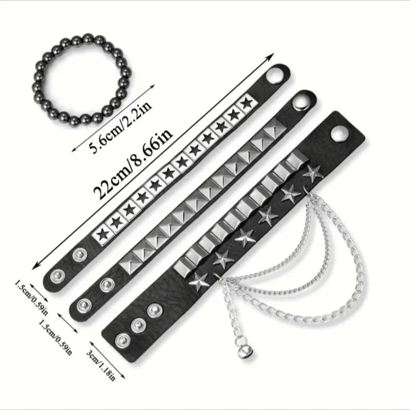 4-Piece Gothic Punk Bracelet Set – Square Rivet Metal Chain & Tassel Bracelets for Men & Women | Rock Fashion Jewelry Gift