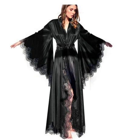 Women’s Black Silk Satin Kimono Robe – Lace Trim Wedding Bride Sleepwear Pajamas Photo Shoot Gown