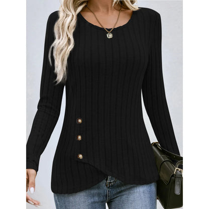 Women's Western Long Sleeve Top – Round Neck Fitted Waist-Cinched T-Shirt for Autumn Casual European & American Fashion
