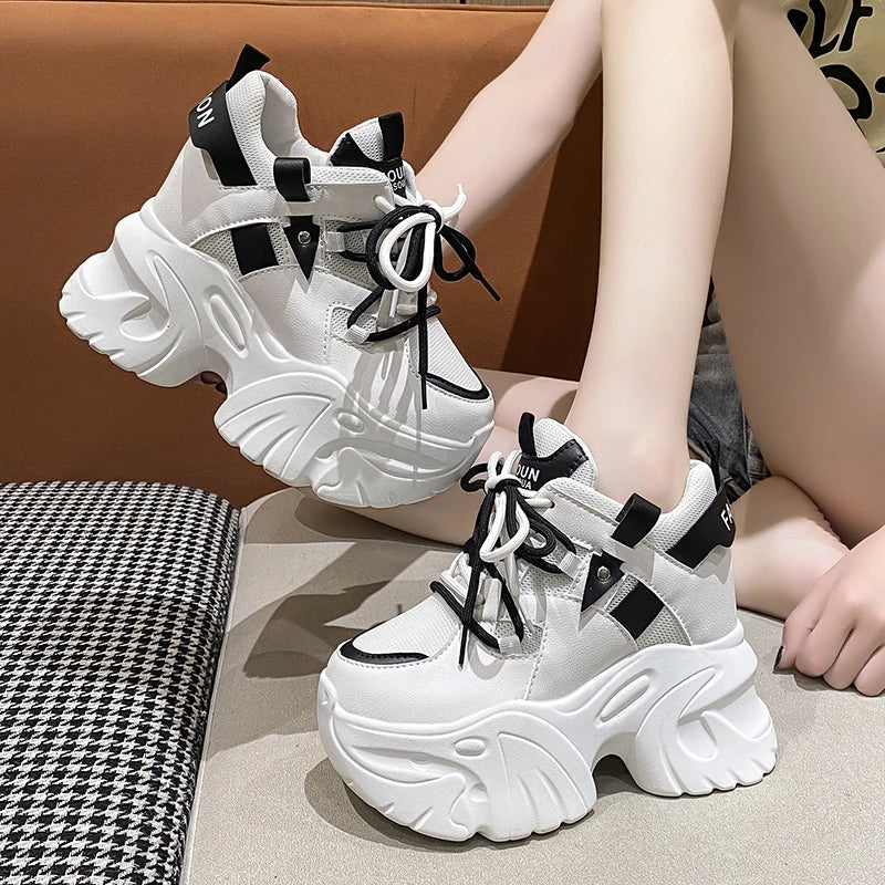 10.5cm Platform Sneakers for Women – Chunky High-Top Lace-Up Dad Shoes with Thick Sole & Mesh Design for Autumn Casual Wear