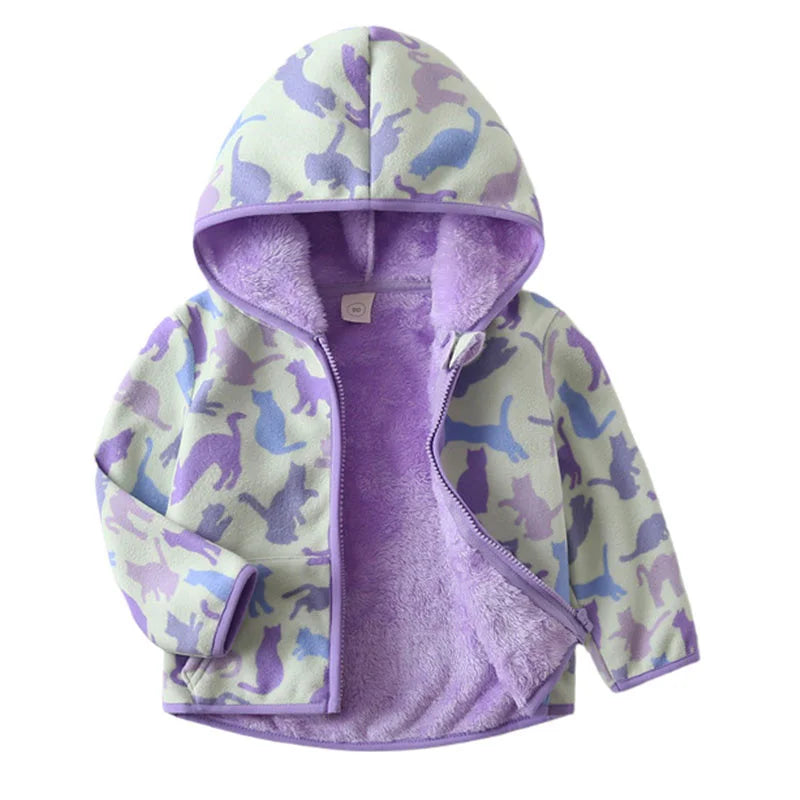 Kids Cartoon Print Fleece Jacket, Long Sleeve Warm Coat for Baby Boys and Girls, Soft Autumn Winter Outerwear for Children
