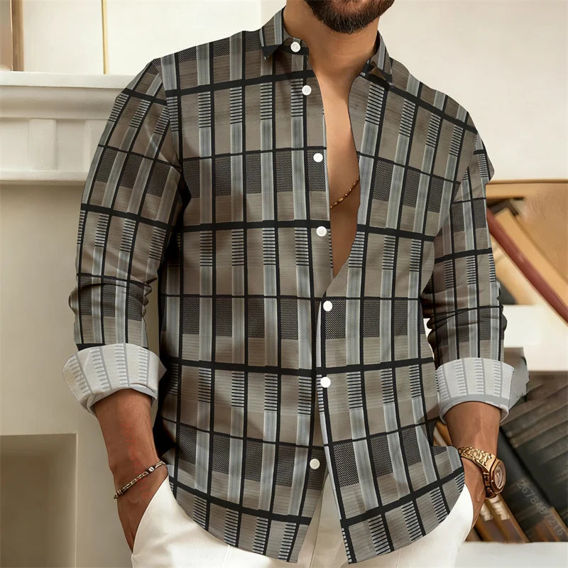 Men’s 3D Printed Plaid Long Sleeve Shirt – Fashion Casual Streetwear Top for Outdoor Everyday Wear, Sizes S–6XL