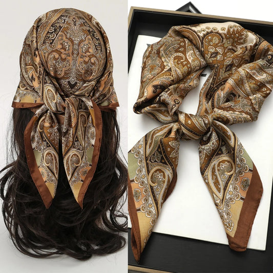 Estilo bohemio estampado marca de lujo bufanda cuadrada de seda para mujer, chales de satén, pañuelo, pañuelos, bandanas para el pelo, hijab floral