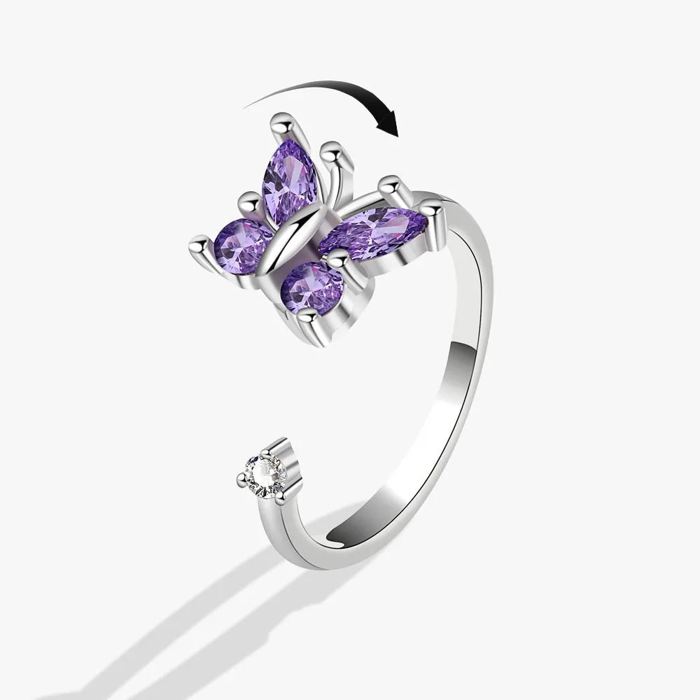 Anillo giratorio antiestrés de mariposa y flor con diamantes de imitación – Anillo giratorio antiansiedad para mujer | Joyería ajustable para aliviar el estrés