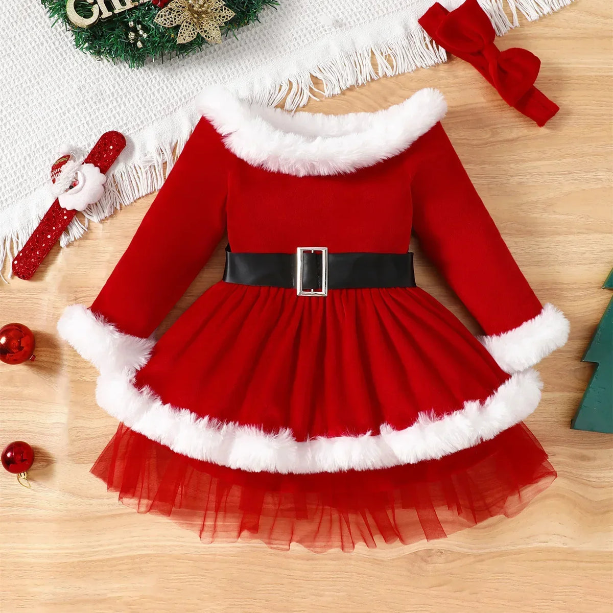 Toddler Girls Christmas Santa Claus Dress, Off-Shoulder Tulle Tutu Party Dress with Matching Headband, Cute Xmas Costume for Girls Ages 1–5 Years, Holiday Parties, Photoshoots and Festive Celebrations