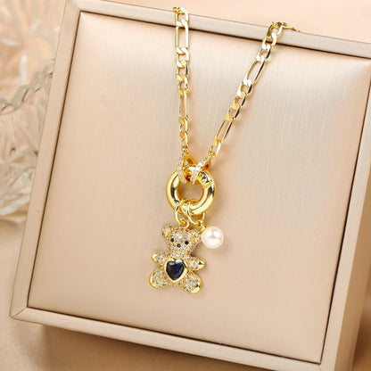 High Quality Shiny Crystal Zirconia Cute Bear Pendant Necklace Choker for Women Girls Holiday Collarbone Chain Gift