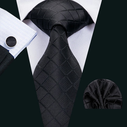 Set de corbata negra para hombre con pañuelo de bolsillo y gemelos. Corbata tejida para ocasiones formales de negocios o bodas.