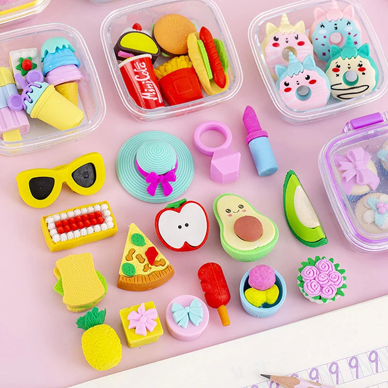 Juego de gomas de borrar creativas para lonchera – Bonitas gomas de borrar de lápiz suaves con temática de comida para estudiantes, útiles escolares, corrección de escritura y divertidos premios de regalo
