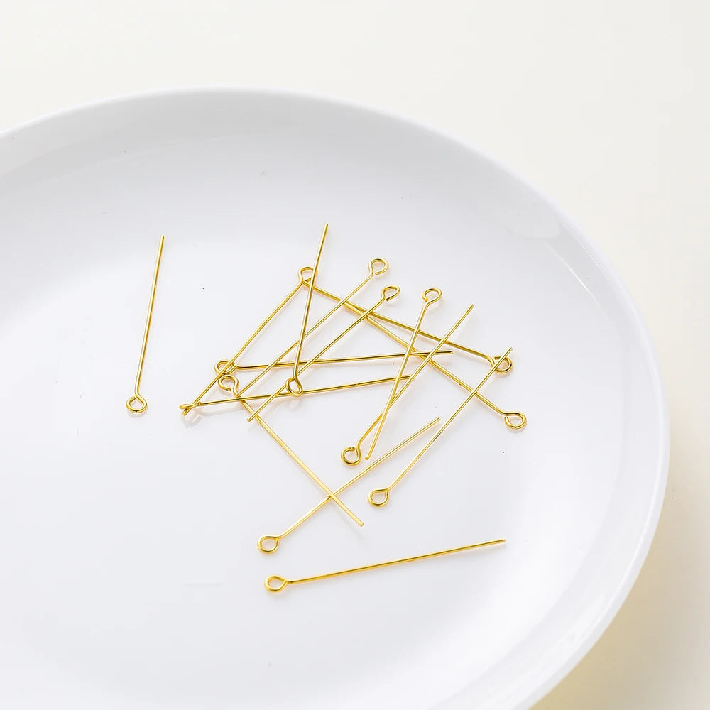 100-Piece 14K & 18K Gold Plated Brass Head Pins Set (16–50mm) – Ball, Flat & Eye Pins for DIY Jewelry Making & Crafts