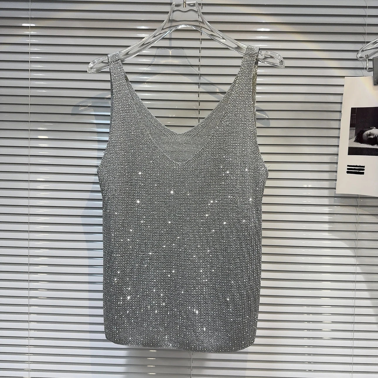 Women's Summer V-Neck Rhinestone Tank Top – Loose Sleeveless Bling Top with Sparkly Diamond Embellishments