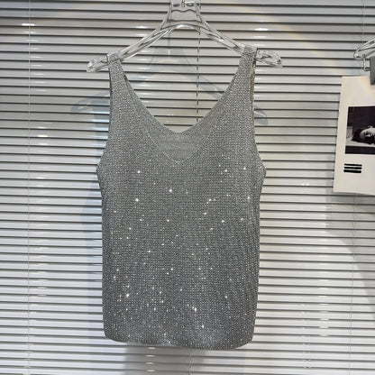 Women's Summer V-Neck Rhinestone Tank Top – Loose Sleeveless Bling Top with Sparkly Diamond Embellishments