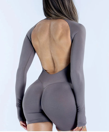 Denyf Women’s Activewear Bodysuit – Backless One Piece Long Sleeve Seamless High Stretch Yoga, Run & Gym Fitness Suit