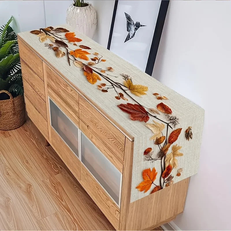 Autumn Fallen Leaf Table Runner – Natural Dried Leaf & Vine Collage Design for Thanksgiving, Family Gatherings, Cafés, B&Bs, Picnics & Home Decor