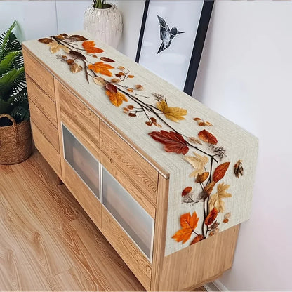 Autumn Fallen Leaf Table Runner – Natural Dried Leaf & Vine Collage Design for Thanksgiving, Family Gatherings, Cafés, B&Bs, Picnics & Home Decor