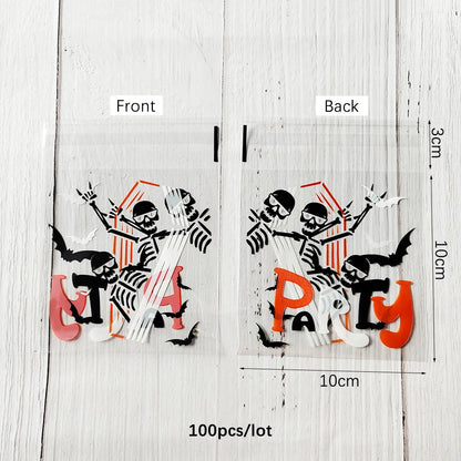 100PCS Halloween Candy Bags, Plastic Gift Packaging Bags with Ghost Pumpkin and Spider Prints, Trick or Treat Goodie Bags, Halloween Party Favors and Decorations
