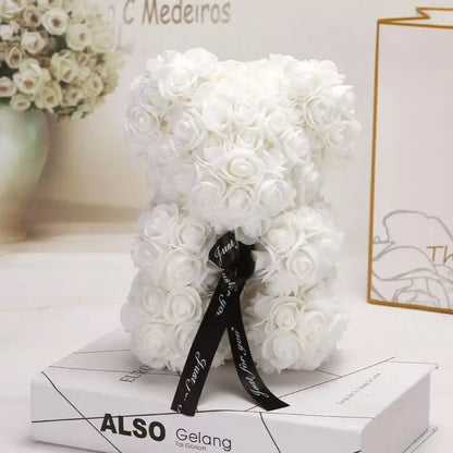 Oso de rosas artificiales de 25 cm con caja de regalo – Regalo romántico para ella en San Valentín, aniversario y boda