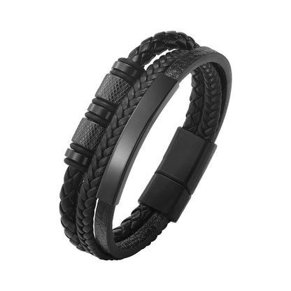 Vnox Personalized Braided Leather Bracelet for Men – Custom Name Engraved Triple Woven PU Leather Wristband | Handmade Gift Jewelry