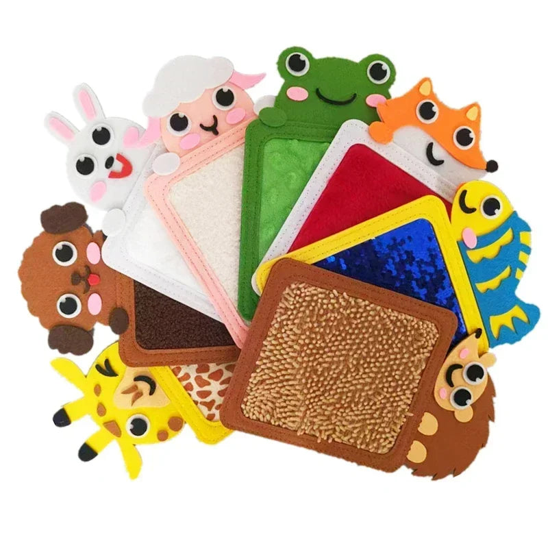 Ensemble de tapis sensoriels en feutre – Tapis d'apprentissage texturés avec animaux de dessin animé pour la maternelle et le développement sensoriel
