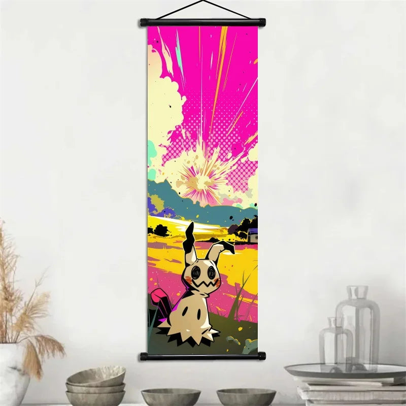 Pokémon Gengar, Squirtle y Mimikyu Noche Estrellada – Lienzo Decorativo Enrollable para Pared – Regalo para Decoración del Hogar