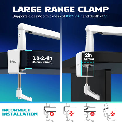 FIFINE BM88W Low-Profile Microphone Boom Arm – Adjustable Desk Mount Mic Arm with Built-In Cable Management for Streaming, Gaming & Podcasting (White)