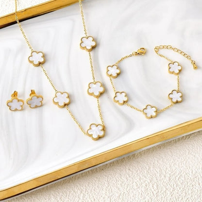 3Pcs Women’s 18K Gold Plated Five Leaf Flower Jewelry Set Clover Necklace Earrings Bracelet Party
