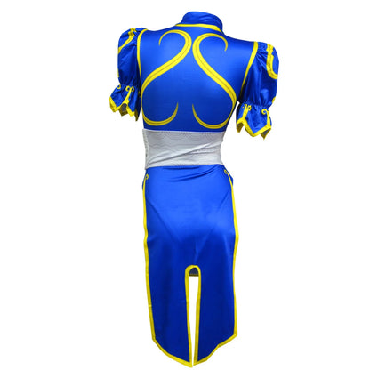 Chun-Li Cosplay Costume – Street Fighter Cheongsam Suit | Women’s Outfit with Wristbands & Headband (Halloween / Comic Con)